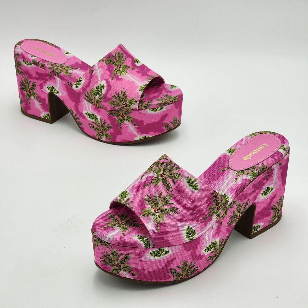Larroude Palm Tree Pink Miso Platform Slide Sandals Size 8.5